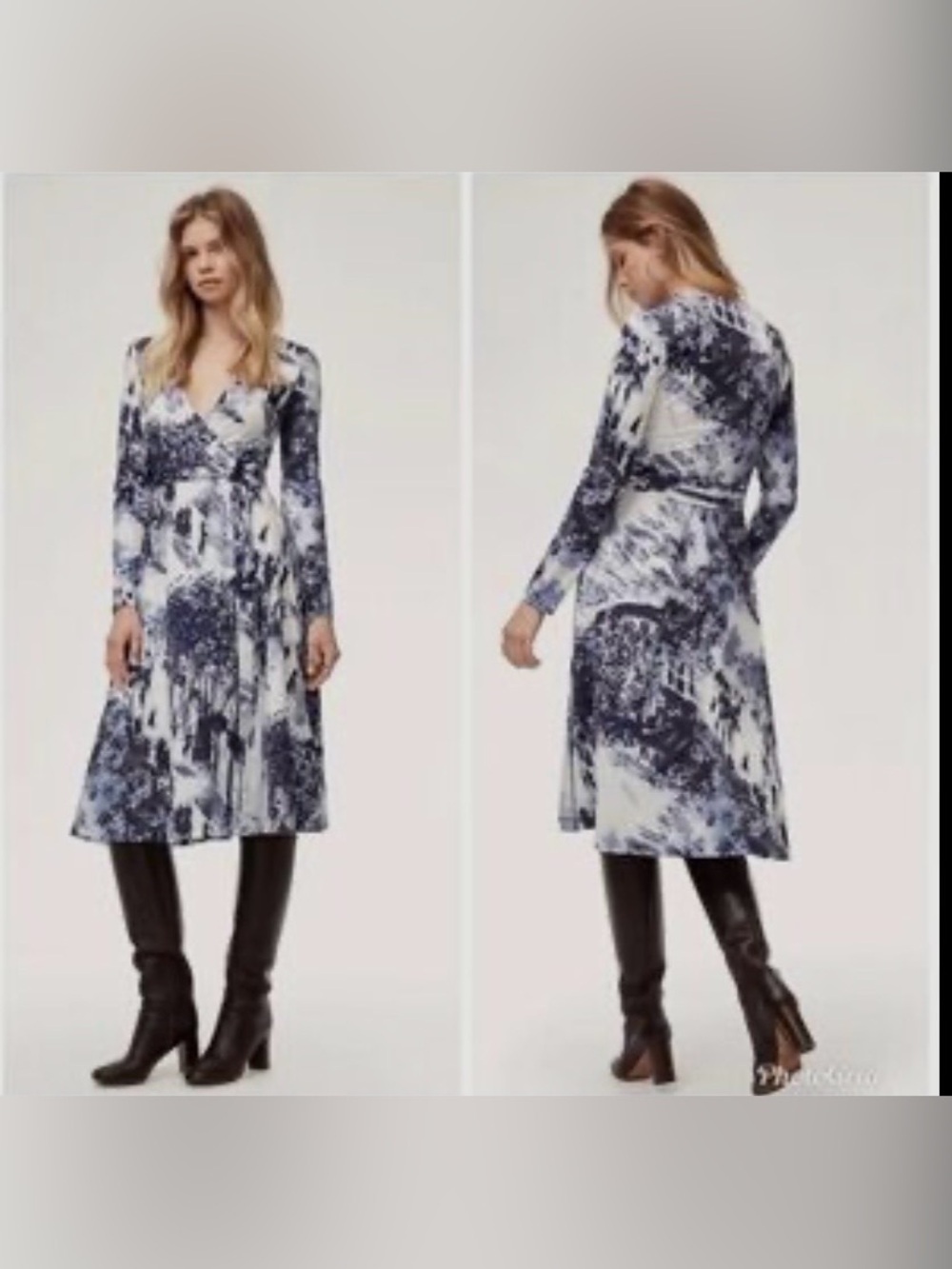 Aritzia Babaton Abstract Botanical Faux Wrap Midi Dress Blue White XS
